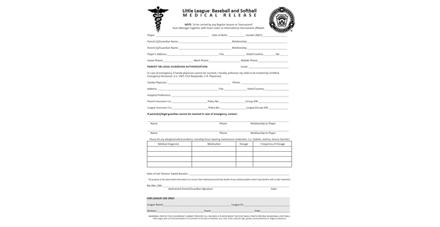 Little League Medical Release Form